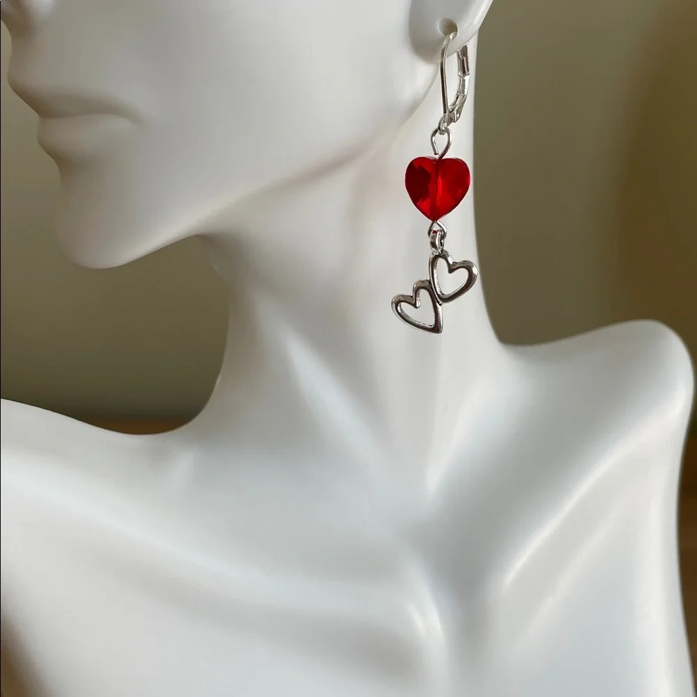 HAND CRAFTED RED CRYSTAL & DOUBLE HEART DROP EARRINGS Faceted Red Crystal Hearts